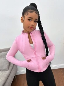 SHEIN Tween Girls' Lightweight Zip-Up Jacket, Breathable Sports Coat For Running, Gym, Yoga, All Season,In Fall/Winter