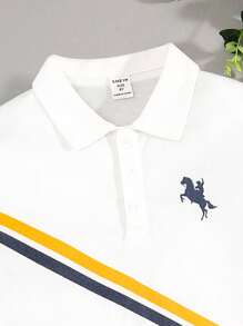 SHEIN Tween Boys' Casual & Comfortable Equestrian Print Polo Shirt And Shorts Set - Blue - View 3