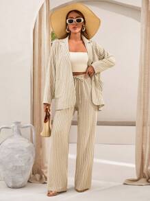 EURMUSE Beige Striped Linen Co-Ord Set With Oversized Blazer And Slim-Fit Pants Women S Outfit Women Club Outfits Women S Summer Clothes Women Pants Wide Leg Women S Clothes Women S Outfits  Spring Outfits For Women Women S Sets - White - View 3