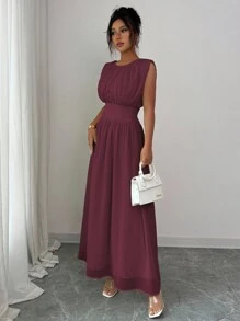 Elenzga Váy Maxi Chiffon Thanh Lịch Thường Ngày Cho Nữ Có Eo Xếp Ly, Dáng Chữ A, Thích Hợp Đi Làm, Đi Nghỉ, Tiệc Trà Chiều, Tiệc Tùng, Màu Trơn, Xuân/Hè - Màu Tím - Xem 6