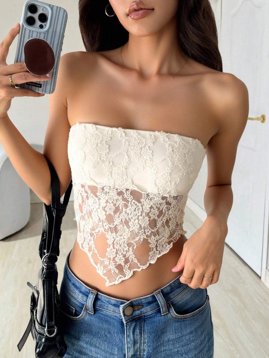 SHEIN EZwear 女士性感休闲蕾丝面料不对称下摆紧身抹胸式抹胸上衣，性感上衣 - 杏色 - 查看 1