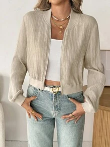 SHEIN LUNE Women's Casual Solid Color Long Sleeve Zip-Up Baseball Jacket Cropped Blazer Summer Blazer Light Cardigan For Summer Women Blouses Elegant Fall For Women Fall Fall Women Going Out Tops Women Winter For Women Fall For Women Airport For Women Going Out