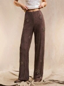 Easelle Quần ống đứng dáng rộng màu nâu họa tiết hạt phong cách Bohemian dành cho nữ, mùa hè - màu nâu - Xem 8