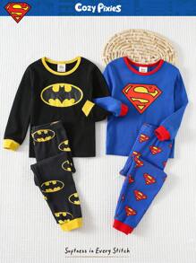 SUPERMAN X Cozy Pixies 4pcs Young Boy Cartoon Pattern Knit Soft Crew Neck Long Sleeve Top And Elastic Waist Long Pants Snug Fit Pajama Set, Suitable For Autumn/Winter Toddler Boys Pajama Sets Boys Superhero Pajamas Kids Pajama Sets - Black - View 1