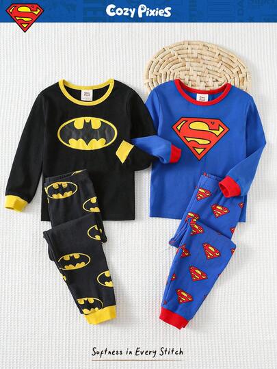 SUPERMAN X Cozy Pixies 4 delar pyjamasset med tecknat mönster för pojkar, mjuk stickning, rund halsringning, långärmad topp och resår i midjan, långa byxor, åtsittande passform, lämplig för höst/vinter
