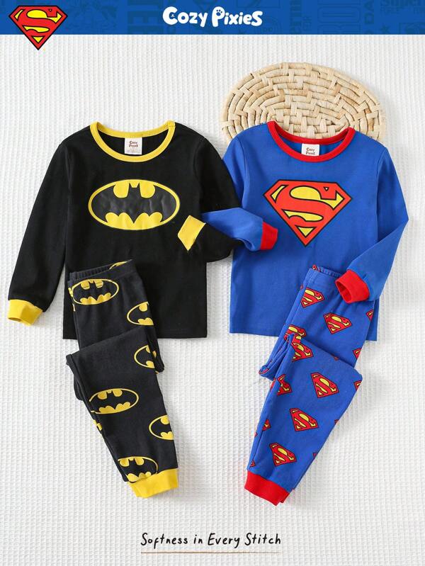 SUPERMAN X Cozy Pixies 4pcs Young Boy Cartoon Pattern Knit Soft Crew Neck Long Sleeve Top And Elastic Waist Long Pants Snug Fit Pajama Set, Suitable For Autumn/Winter Toddler Boys Pajama Sets Boys Superhero Pajamas Kids Pajama Sets