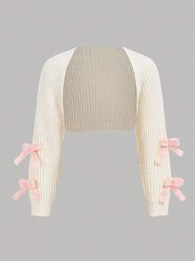 SHEIN Tween Girl Cute And Kawaii White Long Sleeve Cardigan With Pink Bow-Tie.,Long Sleeve Tops,In Fall/Winter - White - View 5