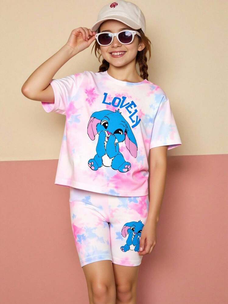 SHEIN Explorewe 2pcs Girls Digital Print Cute Cartoon Tie-Dye Knit Top And Pants Set, Comfortable And Suitable For Casual Wear, Home, Beach And Various Occasions Summer Holiday - Multicolor - View 3