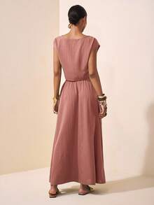 Zivah 2025新款夏季休闲度假优雅日常约会沙滩装生日派对圆领插肩袖短袖剪裁T恤+百褶裙长裙绿波条纹梭织女士两件套 - 粉色 - 查看 2