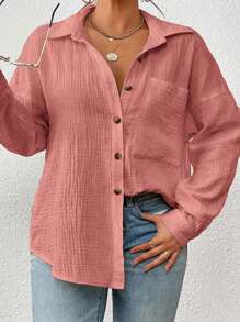 SHEIN VCAY Áo sơ mi tay dài trễ vai màu trơn cỡ lớn dành cho nữ, đơn hàng khuy, túi thường ngày - Bụi hồng - Xem 5