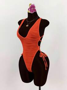 Amplova 深V领露背交叉蝴蝶结纹理紧身衣