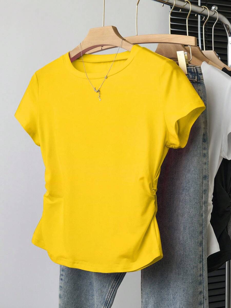 INAWLY 大码女式休闲纯色修身短袖T恤黄色上衣 - 黃色 - 查看 1