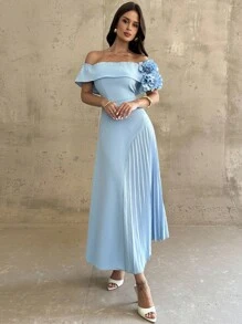 Firerie Damen elegantes, anspruchsvolles, romantisches, modisches, würdevolles plissiertes Kleid mit hoher Taille, Off-Shoulder A-Linie Schnitt, blau