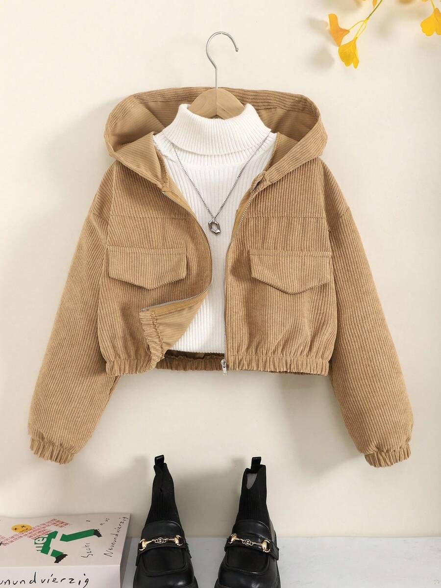 Tween Girl Loose Casual Drop Shoulder Hooded Cropped Corduroy Jacket,In Fall/Winter - Camel - View 1