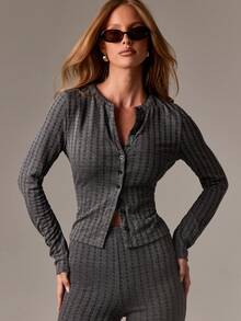 AiiRZ 长袖纽扣罗纹针织开衫修身短款上衣，带镂空细节，秋冬分层单品，扇形领口，弹力优雅休闲装 - 駝色 - 查看 3