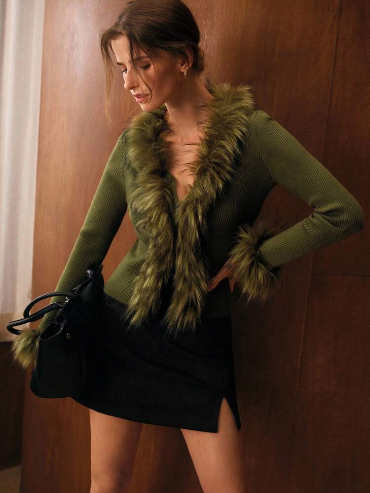 FUZZY TRIM RIBBED KNIT CARDIGAN
