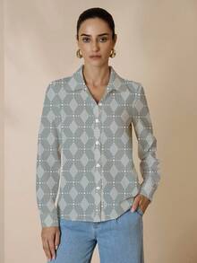 Shutterstock Glamance Camisa de Manga Longa com Estampa Geométrica Casual e Elegante para Mulheres, Blusas Casuais para Escritório, Blusas Casuais de Negócios para Mulheres, Blusas com Estampa Geométrica, Blusas Ajustadas, Blusas Casuais de Negócios para Mulheres, Camisas Elegantes para Mulheres - Branco - Visão 4