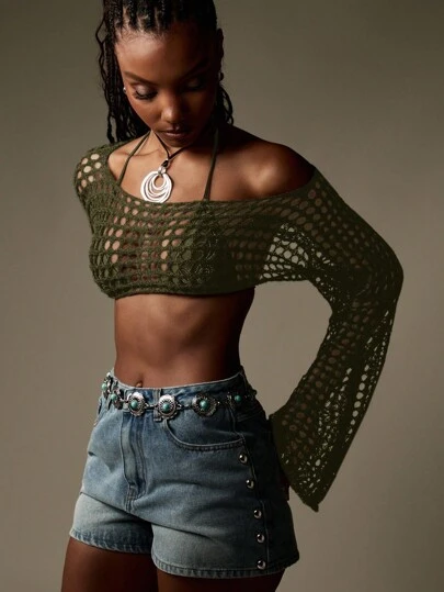 MISSGUIDED Bohemian Fishnet Crochet Crop Top Bell Sleeve Festival Summer Beach Knit Sweater Oversized Off Shoulder Hippie Y2k Fashion