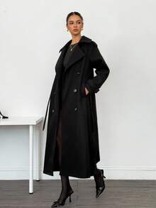 SHEIN Tall Women's Solid Color Lapel NeckDouble-Breasted Long Overcoat Long Black Coat In Fall/Winter - Black - View 4