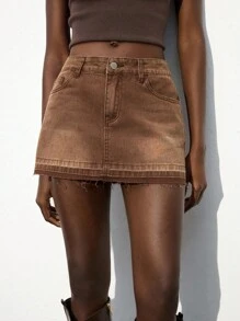 Maija Women's Denim Mini Skirt, Urban Chic Business Casual Streetwear Y2K Style, Suitable For Halloween, Christmas, Party, Music Festival - Brown - View 1