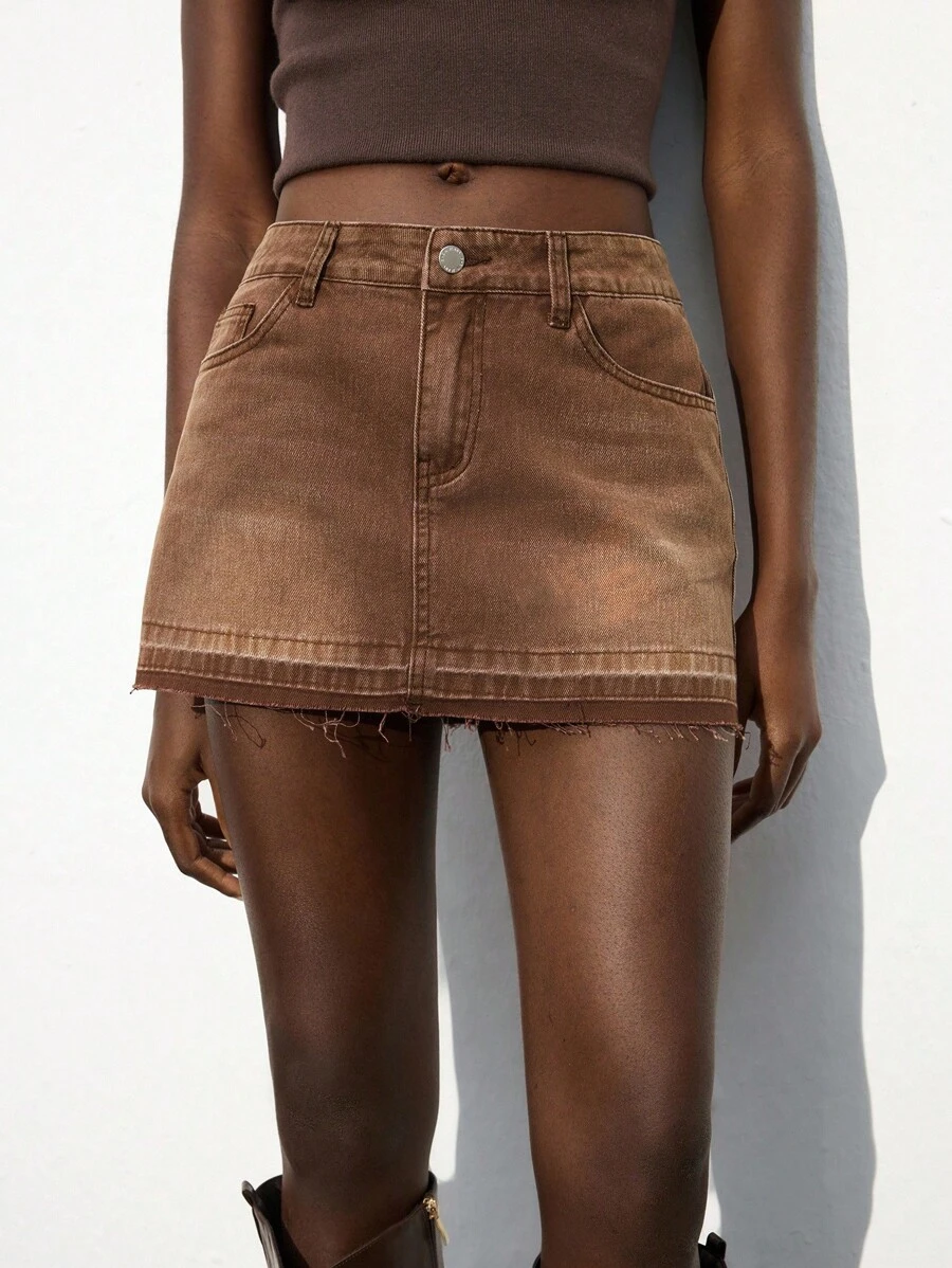 Maija Women's Denim Mini Skirt, Urban Chic Business Casual Streetwear Y2K Style, Suitable For Halloween, Christmas, Party, Music Festival - Brown - View 1