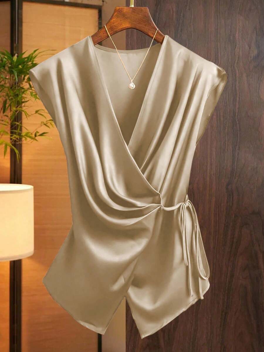 Franclia Women's Fashionable Solid Color Deep V-Neck Tie Wrap Shirt - Khaki - View 1