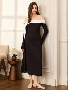 Vestido elegante Moireta con hombros descubiertos, decoración de lazo y contraste de color, vestido negro de manga larga con detalle de lazo, otoño - Blanco y Negro - Ver 4