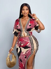 SOLERSUN Bộ đồ hai mảnh ren khoét lỗ họa tiết hoa thời trang nữ cỡ lớn, trang trí khóa kim loại, xẻ tà, mặc đi biển - Màu Hồng Tươi - Xem 3