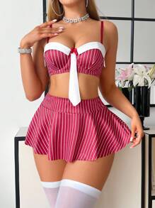 SHEIN 5 件女士性感内衣套装（钢圈文胸、丁字裤、迷你裙、2 件长袜） - 紅白色 - 查看 1