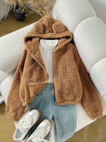 SHEIN Tween 女童休闲连帽拉链羊毛夹克，带有可爱卡通耳朵，保暖衬里，适合秋冬季