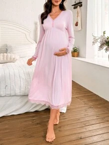SHEIN BloomMama Maternity Elegant French Lace Trim Loose Long Sleeve Nightgown, Fall, Winter