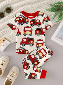 Toddler Boys Round Neck Short Sleeve Long Pajama Set Featuring Fun Cartoon Fire Truck Pattern Baby Boy Fire Truck Clothes Toddler Fire Truck Pajamas Baby Boy Firetruck Outfit 2 Piece Baby Boy Pajamas Boys Pajama Set Cotton