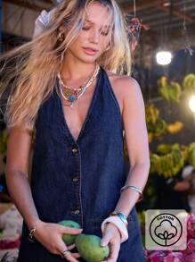 Aralina Denim Kleid mit Knopfleiste, Neckholder, im Vintage-Stil für den Sommer, Minikleid