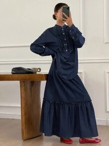 DAZY 女士荷叶边上衣和宽松牛仔长裙套装 - 藍色 - 查看 3