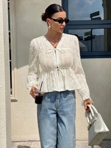 Siren Gaze 女士优雅通勤纯色刺绣衬衫