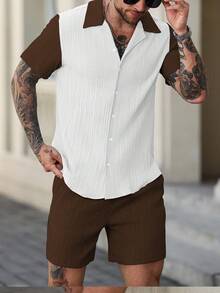 Manfinity Homme Men's Summer Casual Contrast Color Patchwork Shirt And Shorts 2 Pieces Set