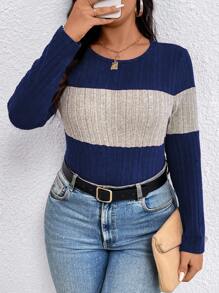 EMERY ROSE Plus Size Contrast Color Round Neck Ribbed Long Sleeve Casual T-Shirt Graphic Tees Women Tops For Spring Fall - Multicolor - View 5