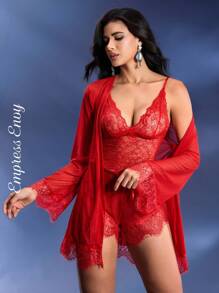 4개/세트 섹시한 란제리, 무선 캐미솔, 보이 숏, 로브, 허리 벨트 포함 - 레드 - 보기 4