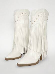 Solezae #BeyonceConcertLook Women's Block Heel Fringe PU White Western Cowgirl Boots – Fold-Over Tassel Design, Chic & Statement-Making For Festivals, Concerts & All Your Boldest Fashion Moments. - White - View 2