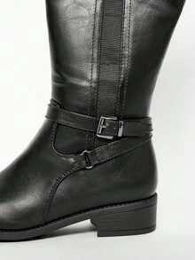 Solezae Sepatu Bot Berkuda Wanita Bergaya & Nyaman dengan Hak Blok dan Resleting, Setinggi Lutut, dan Dekorasi Gesper Logam - Hitam - View 7