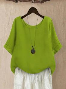 Linhara Plus Size Women's Round Neck Casual/Daily/Outing/Simple/Leisure Travel/Brightening Grass Green Textured Pullover Top, Spring/Summer