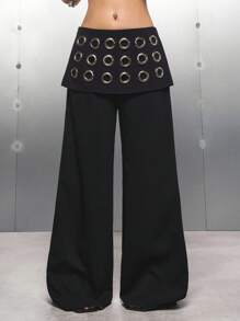 LYSMO 2025 New Minimalist Fall Women's Eyelet Design Wide Leg Loose Fashion Suit Pants - Black - View 4