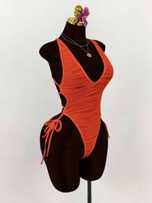 Amplova 深V领露背交叉蝴蝶结纹理紧身衣