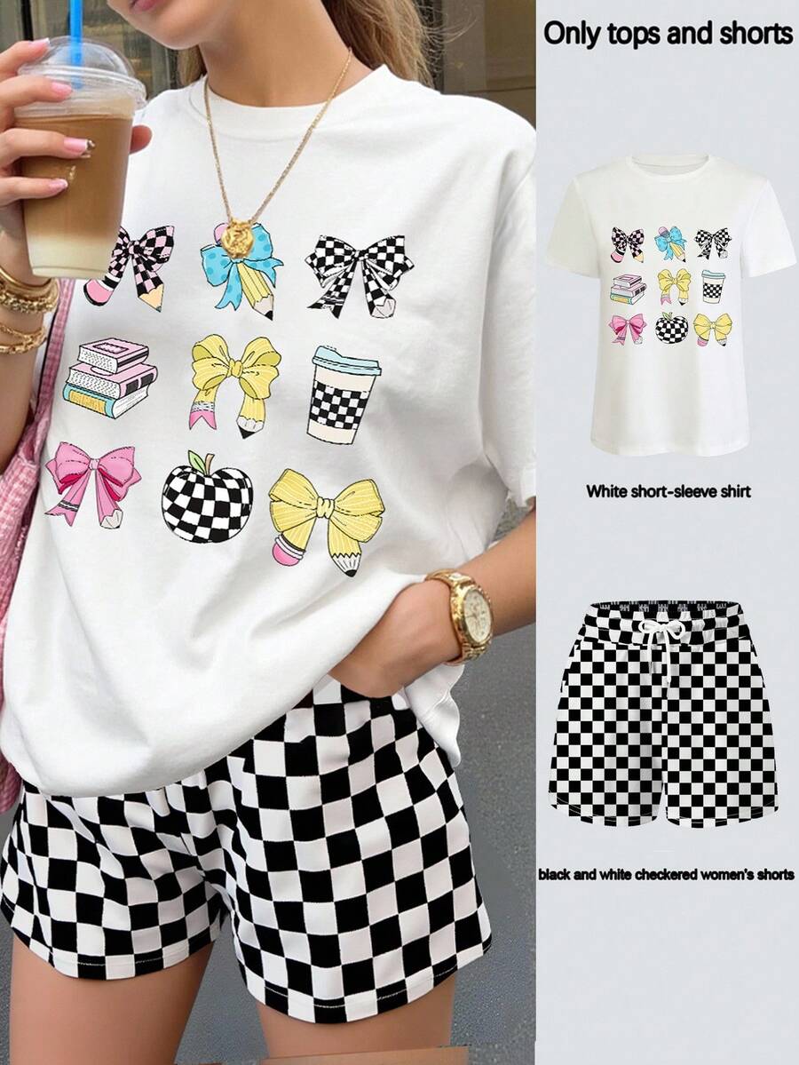 INAWLY Bộ 2 món áo thun cổ tròn tay ngắn in họa tiết nơ và quần short caro thường ngày cho nữ - Nhiều màu - Xem 1