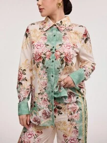 Veilorie 2pcs Women's Front Button Up Long Sleeve All-Over Print Top And Pants Set 2 Pieces Set - Multicolor - View 6