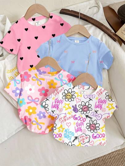 SHEIN Happikins 4pcs/Set Young Girl Casual Minimalist Round Neck Short Sleeve Basic T-Shirts, Featuring Cute Floral, Doodle Face, Bow, Heart Patterns, Suitable For Spring/Summer, White, Light Pink, Bright Pink, Black, Suitable For Home, Vacation, Picnic, Farm, Outings, Back To School
