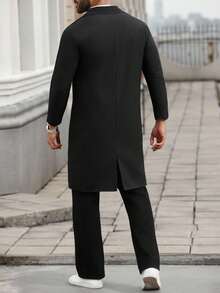 Manfinity Homme 男士加大码双排扣平纹休闲风衣，长款男士外套，黑色男士风衣，男士长款外套，男士风衣套装，秋季 - 黑色 - 查看 2