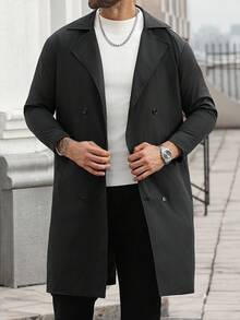 Manfinity Homme 男士加大码双排扣平纹休闲风衣，长款男士外套，黑色男士风衣，男士长款外套，男士风衣套装，秋季 - 黑色 - 查看 3