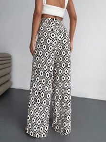 EURMUSE Damen, Frühling, Sommer, Retro-Allover-Muster, Crinkle-Stoff, Muster, lange Länge, Gummibund, Hose