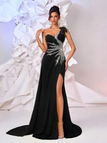 Glamrae 优雅奢华的浅黄色手工串珠面料贴花不对称肩部性感开衩飘逸女式正式晚礼服 - 黑色 - 查看 5